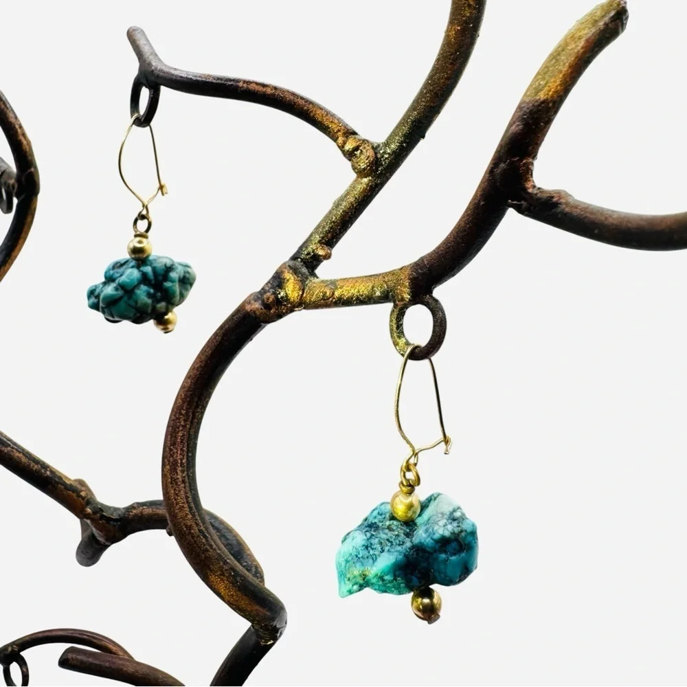 Raw Turquoise Nugget Drop Earrings Boho Gold Tone